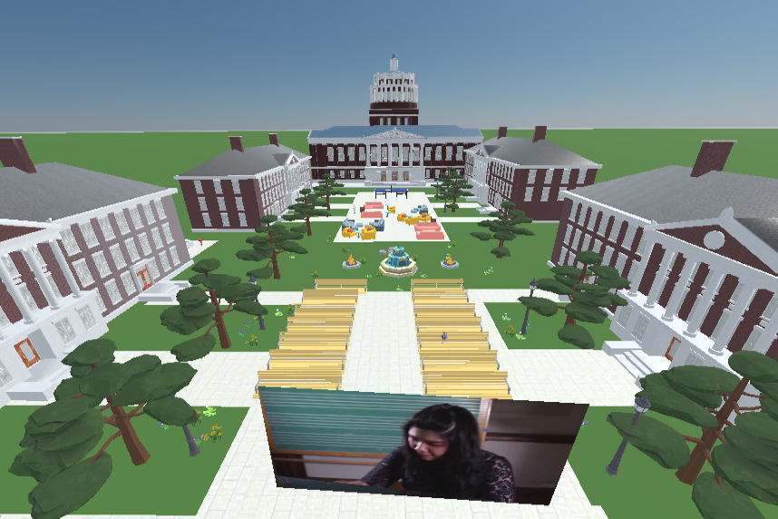 Mozilla Hubs scene of a virtual Eastman Quad.