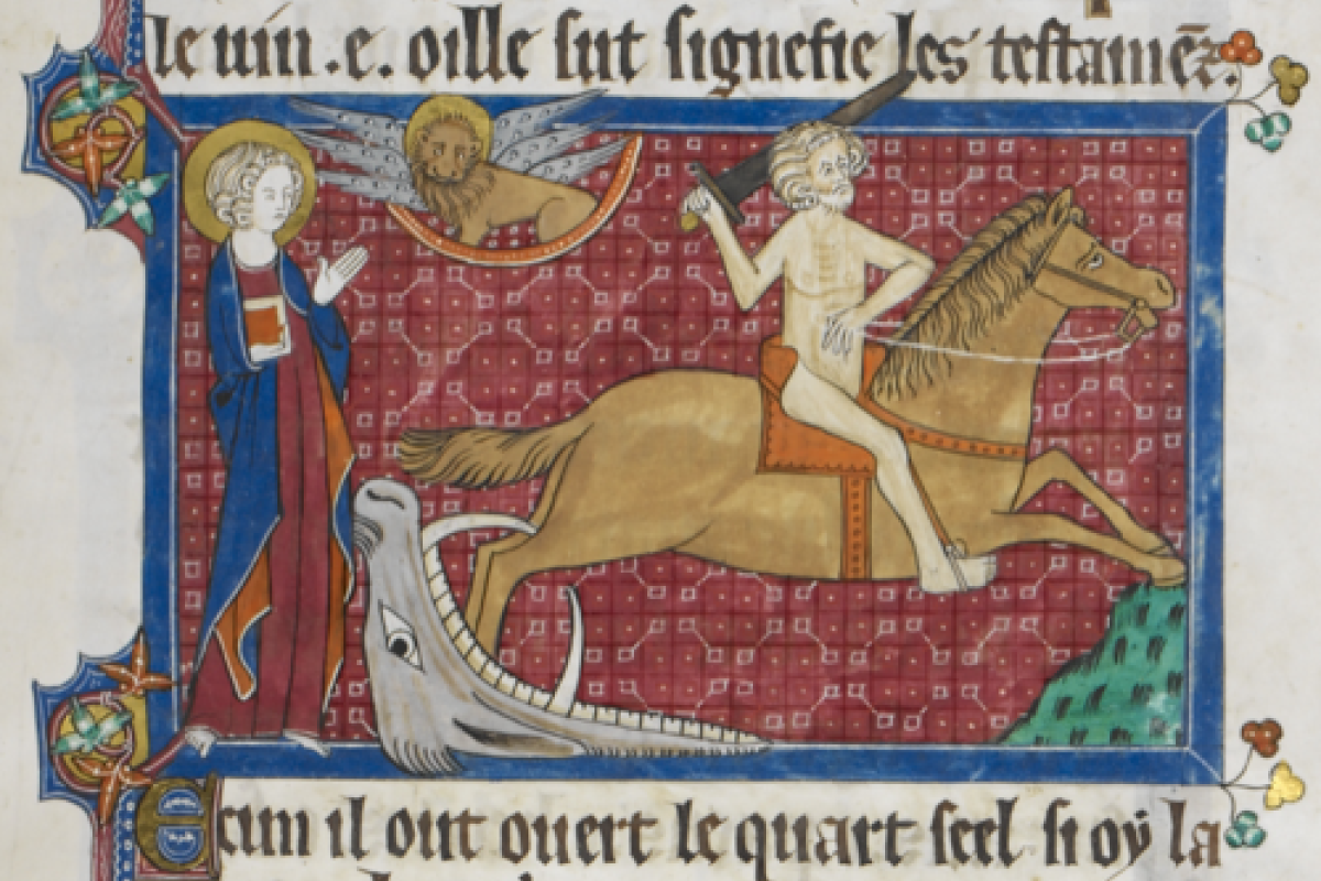 Detail of the Rider on a pale horse, emerging from a hell-mouth, with John, Royal MS 15 D II, f. 129r