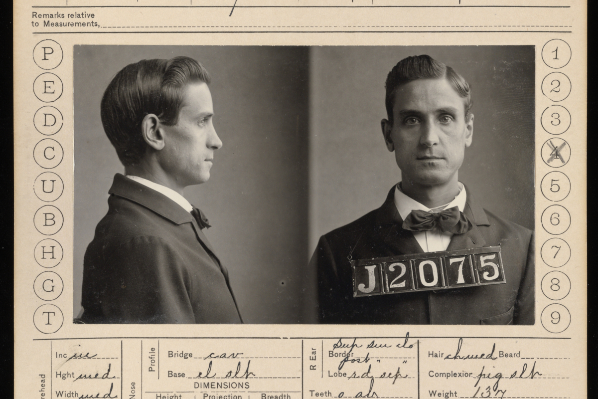 Image of an identification card with data about the physical characteristics of the person accompanied by front and side mug shots.