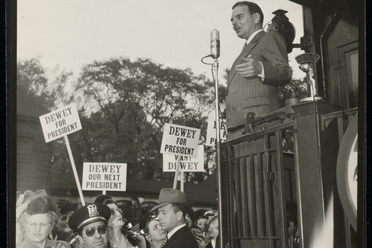 Dewey on platform of campaign train