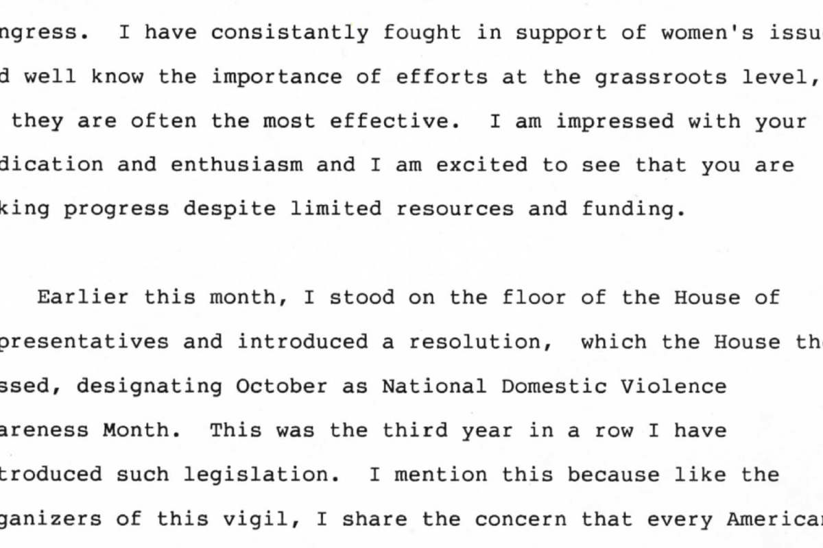 Content of a speech Louise Slaughter gave in Canandaigua, NY on domestic violence 