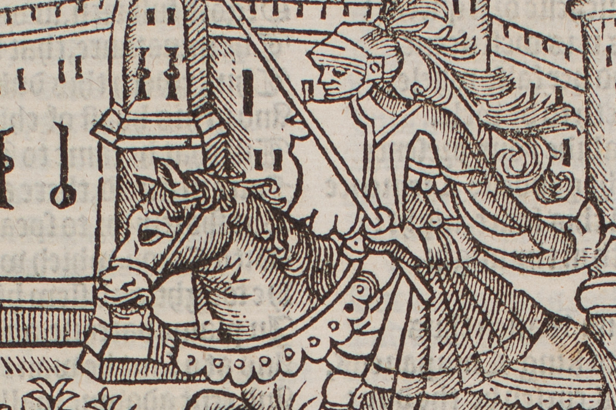 detail of engraving of a knight on horseback