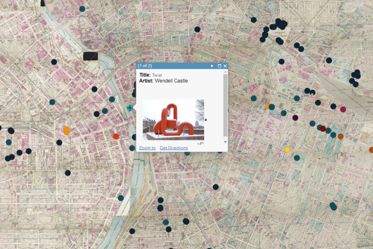 Map of Rochester with various colored data points representing art in the city