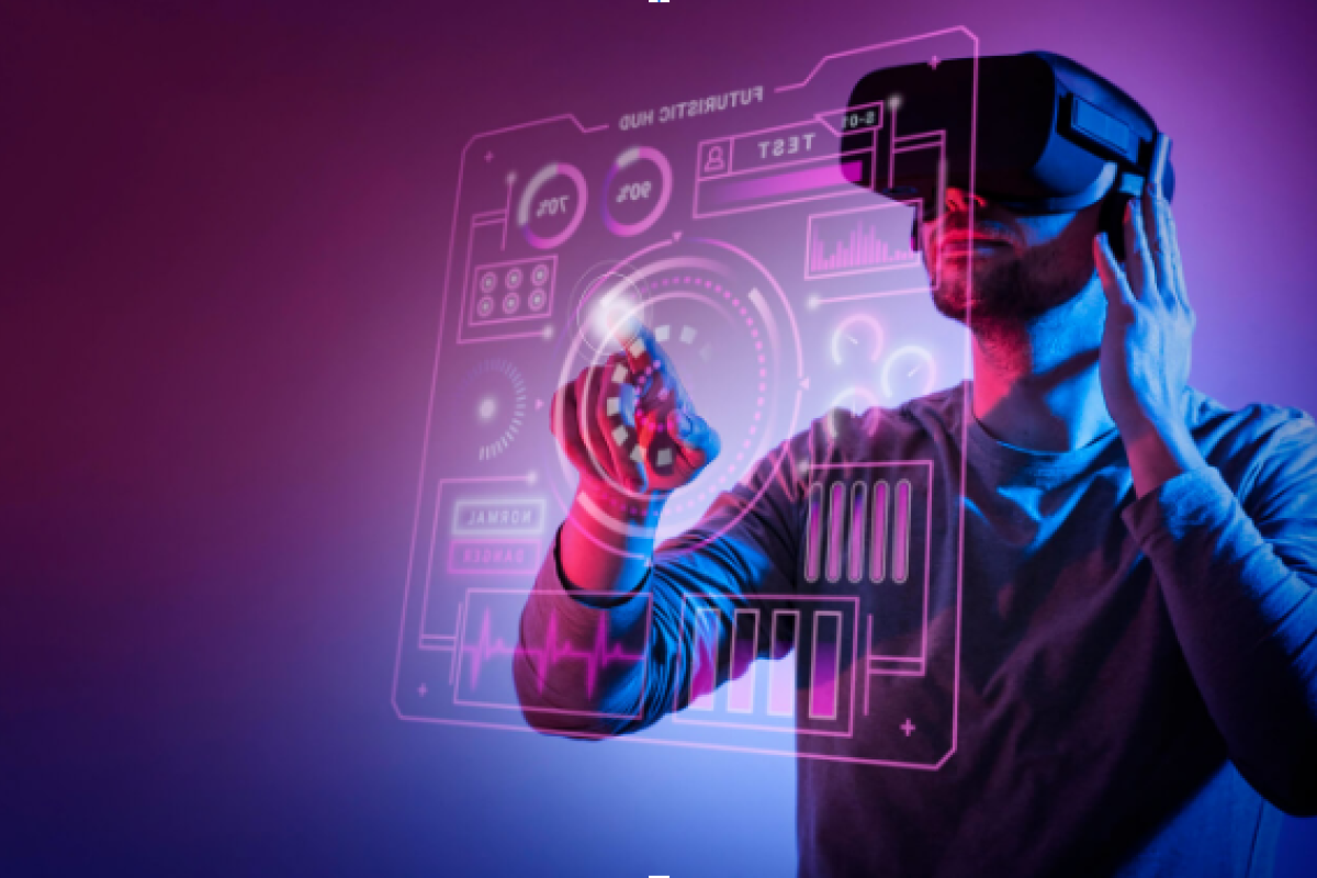 A person in a VR headset interacts with a holographic interface.