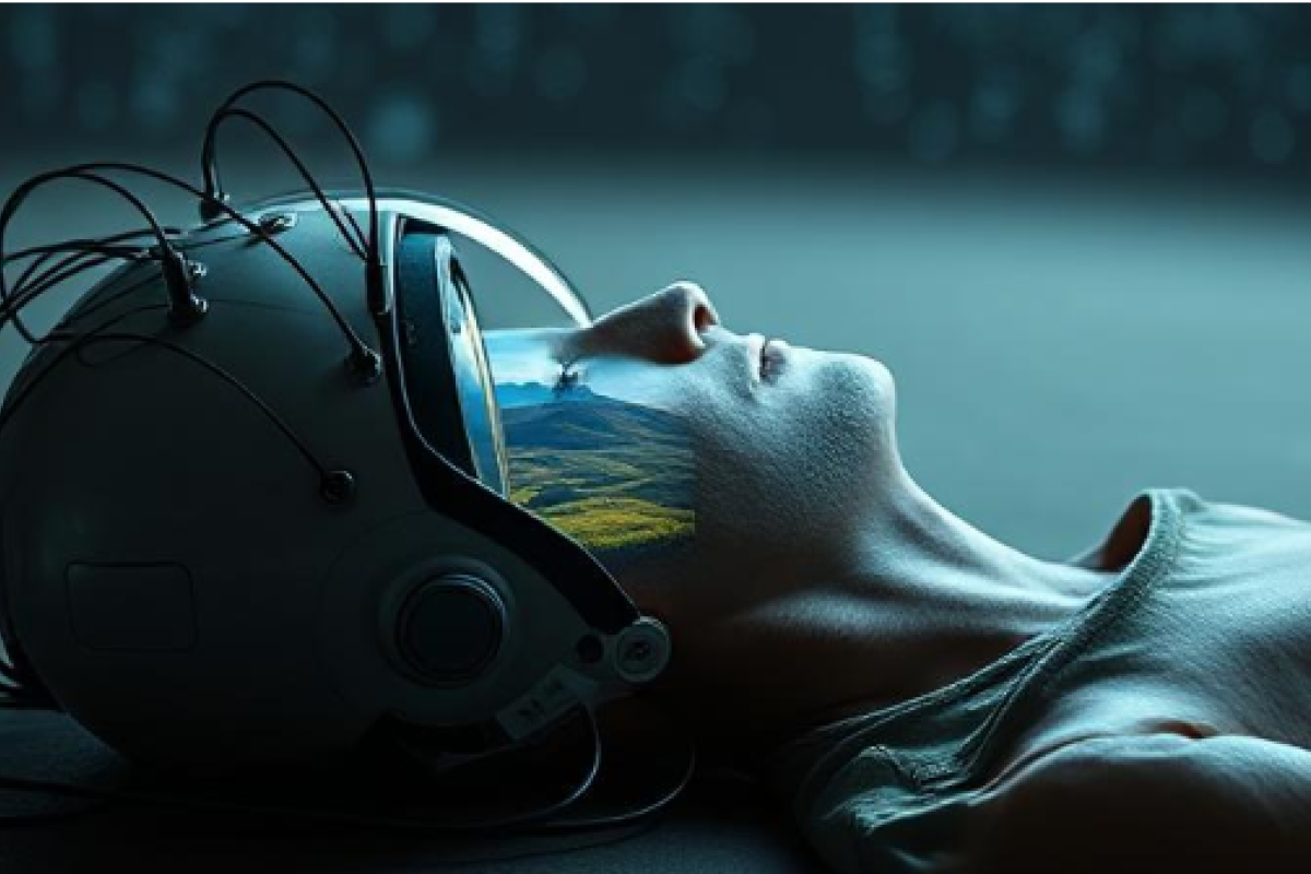 A person lies down wearing a VR headset with wires, displaying a landscape.