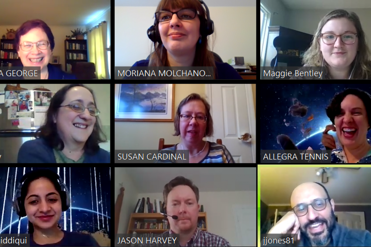 A screenshot of a Zoom call with librarians from Carlson Library