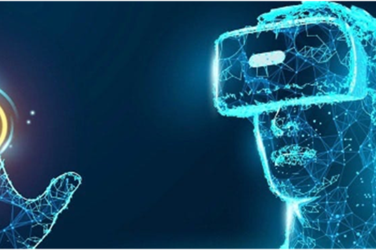 A person wearing a virtual reality headset, interacting with a glowing, circular interface.