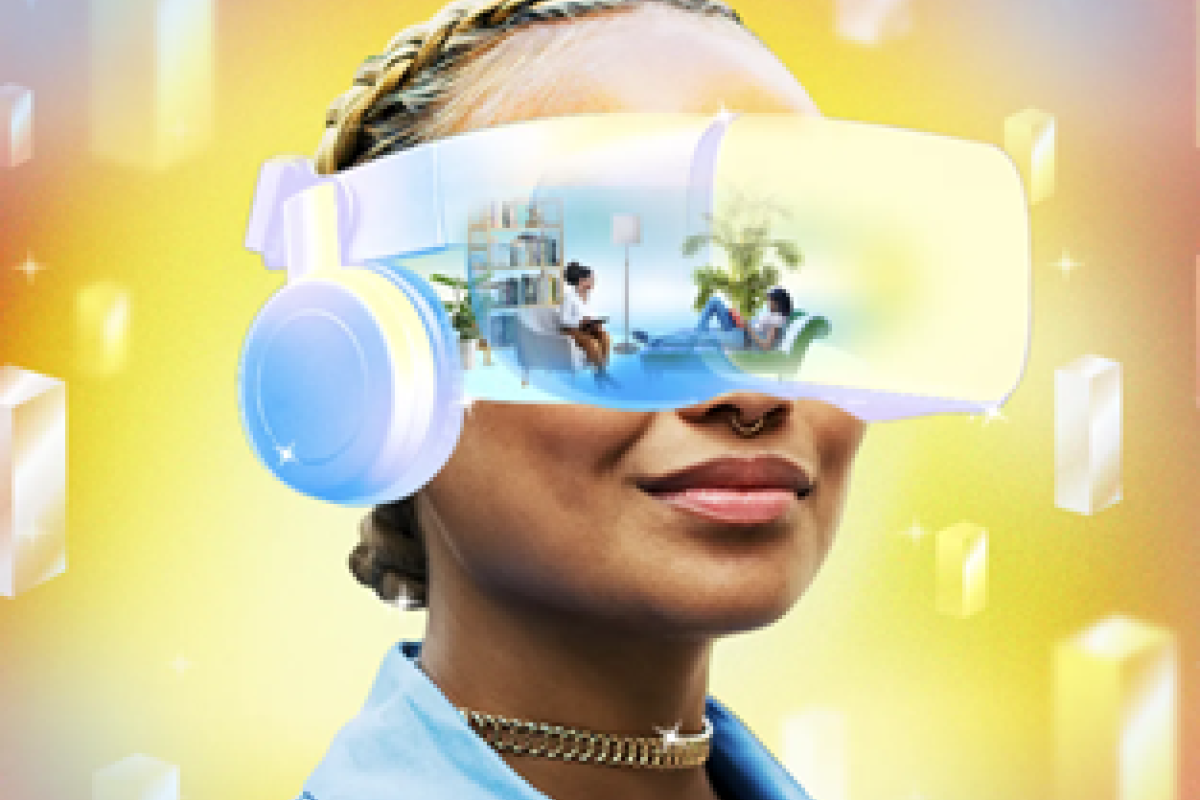 A woman is wearing a translucent VR headset.