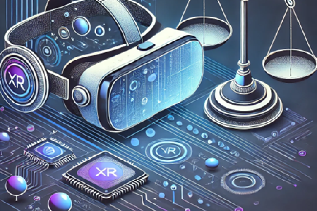 A futuristic image depicting the intersection of virtual reality technology and the legal system, with a VR headset, scales of justice, and circuit boards.