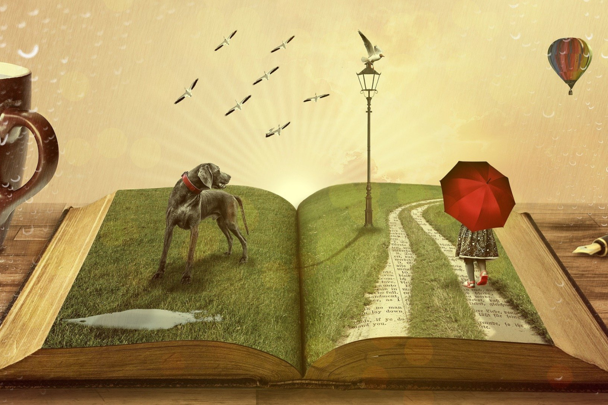 illustration of an open book with a 3D images popping out of it.