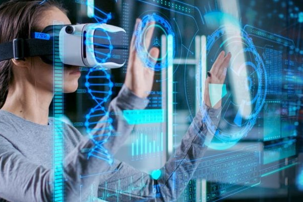 Person wearing a virtual reality headset interacting with virtual objects.
