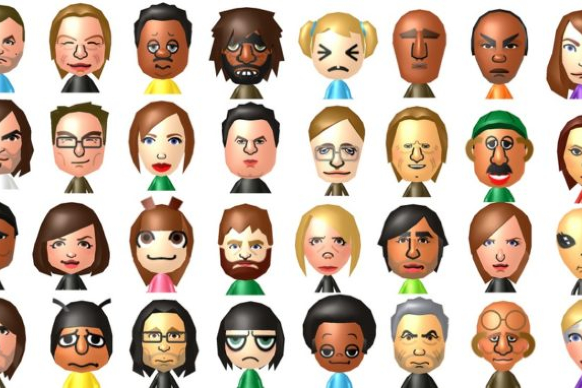 A diverse group of Mii avatars with varied expressions, hairstyles, and skin tones.