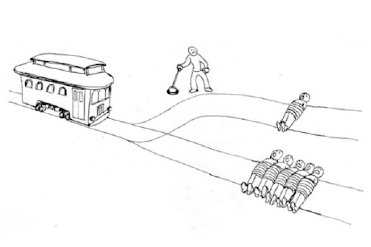 illustration of the trolley problem.