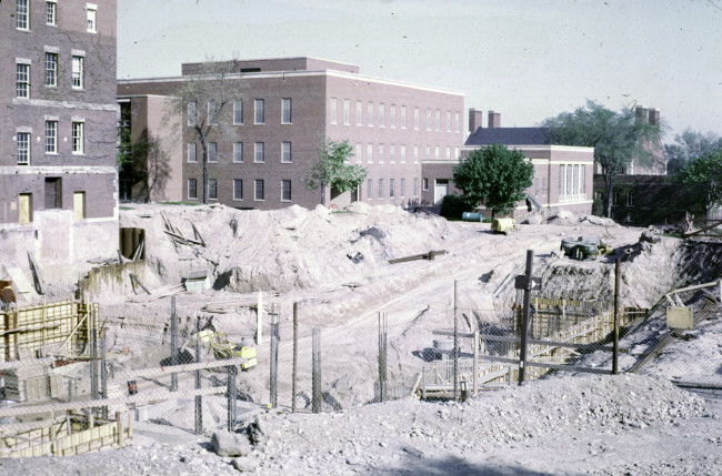 A construction area behind Rush Rhees Library that has been heavily excavated