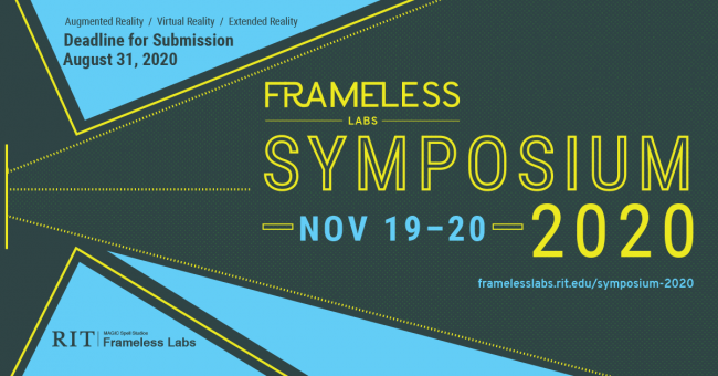 Decorative poster with blue background and dark grey and bright yellow geometric-shaped accents and dark grey, blue, and yellow font giving the date, time of event described here: http://framelesslabs.rit.edu/symposium-2020/	
