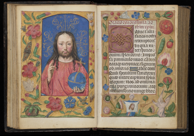 An illuminated manuscript open featuring an image of Christ