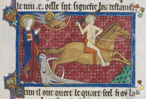 Detail of the Rider on a pale horse, emerging from a hell-mouth, with John, Royal MS 15 D II, f. 129r
