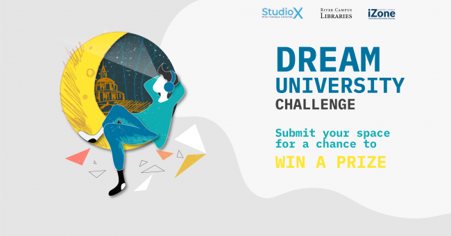 <img src="https://studiox.lib.rochester.edu/wp-content/uploads/2020/09/DreamUniversityChallenge.png" alt="promotional banner for the Dream University Challenge. There is a design on the left of a person reclining on a half moon and looking into the sky. The person is wearing headphones, and there is a sketch of Rush Rhees Library in the background. On the right at the top are the Studio X, River Campus Libraries, and iZone wordmarks. Underneath is the text, "Dream University Challenge. Submit your spac