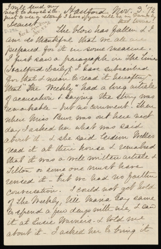 Isabella Beecher Hooker to John Hooker about scandal in newspaper