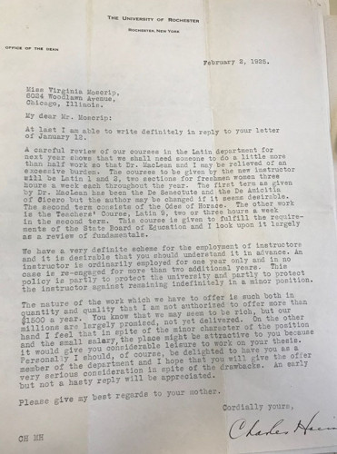 Charles Hoening to Virginia Moscrip February 2 1925 letter