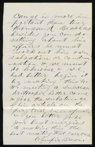 handwriten letter by Olympia Brown to Isabella Beecher Hooker