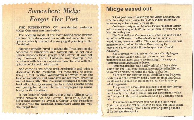newspaper clippings of Midge Costanza resignation