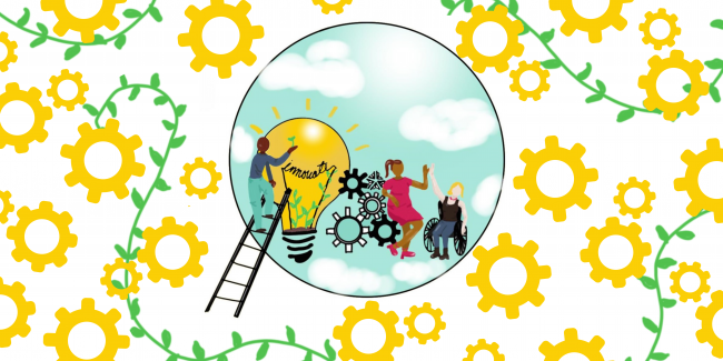 A graphic that features an assortment of yellow gear and a person on a ladder next to a large light bulb
