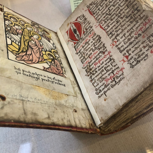 Image of woodcut pasted inside the front cover of a fifteenth-century manuscript copy of Der Stachel der Liebe Death of the Virgin, ca. 1420 – 1430