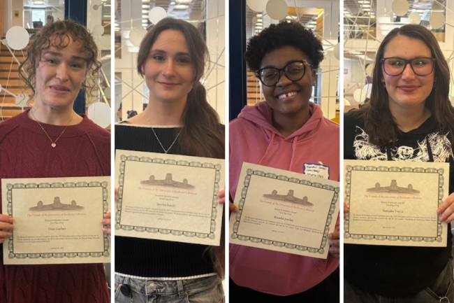 a split image featuring 4 different URochester students holding up their RIA Award certificates