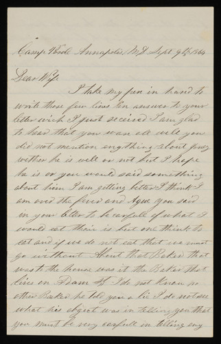Civil War soldier John McGraw writes on April 9, 1864 from Annapolis to his wife