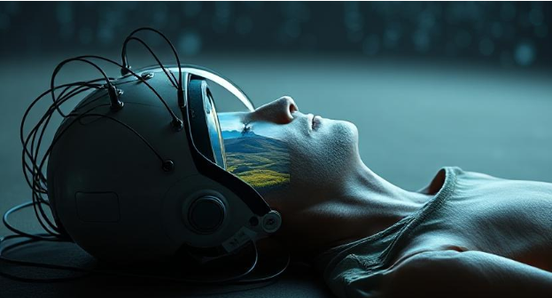 A person lies down wearing a VR headset with wires, displaying a landscape.
