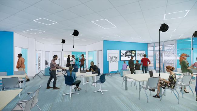 A 3D rendering of Studio X's Salon showing an assortment of tables and various technology
