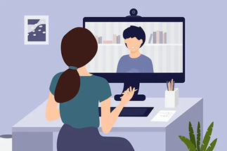 An illustration of a woman in an online meeting.