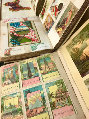 Array of trade cards in scrapbook