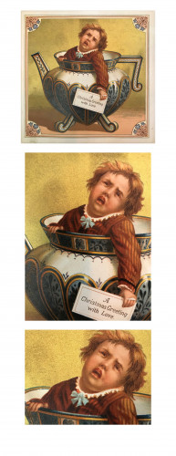 trade card of distressed child in teapot