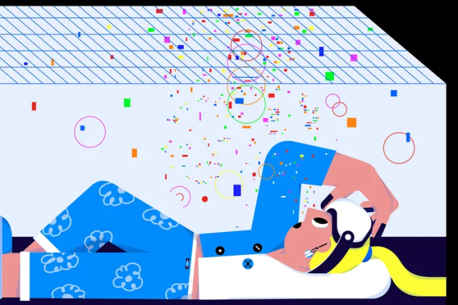 A person in bright, playful pajamas relaxes on the floor while wearing a VR headset, surrounded by colorful digital shapes floating above.