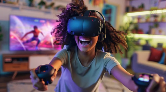 A woman with VR headset plays in a vibrant living room.