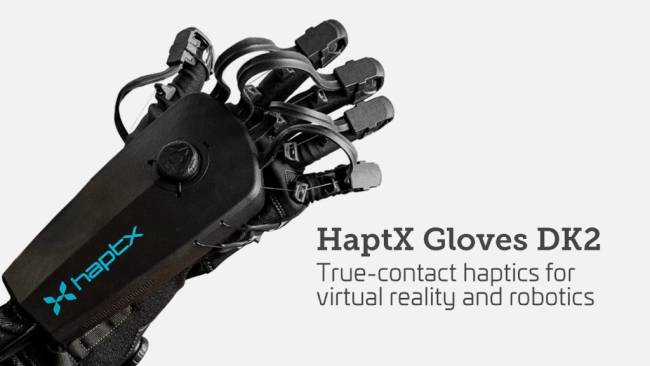 advertisement for HaptX Gloves DK2: True-contact haptics for virtual reality and robotics