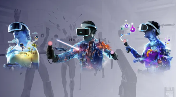 Three VR users with headsets engage in vibrant, immersive virtual worlds.