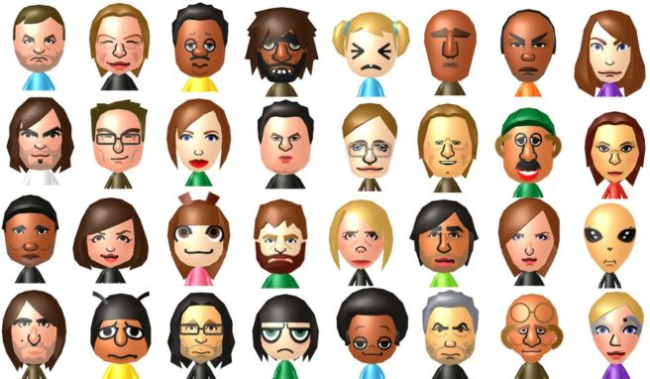 A diverse group of Mii avatars with varied expressions, hairstyles, and skin tones.