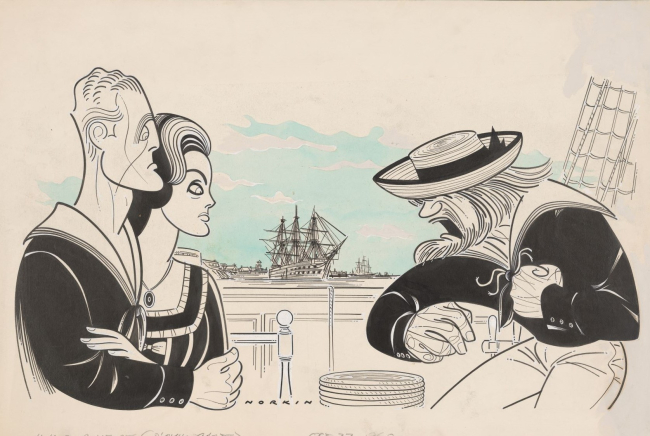 An illustration of two sailors in a dramatic conversation with each other. A ship sits in a harbor in the distance ship is