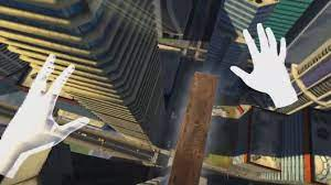 Person in VR with virtual hands on a plank over a city.