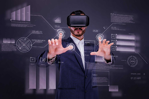 A man utilizing virtual reality to look at data for work.
