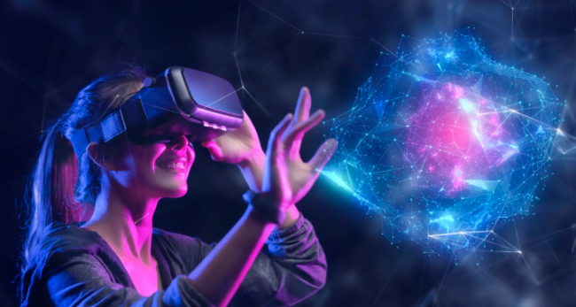 A woman in a VR headset interacts with a glowing digital sphere.