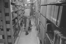 Moving the new carillon bells through the stacks