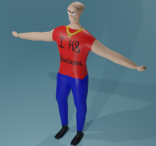 3D modeled man wearing a shirt that says, "I hate racoons."