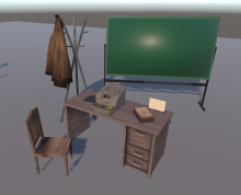 Employee desk, Punch machine, Coat hanger, Interactive chalkboard
