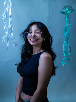 Aadi smiling for camera