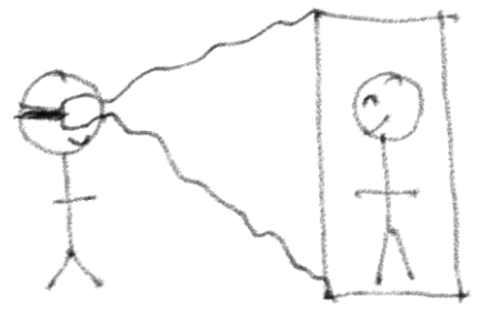 A stick figure with glasses looks at a smiling reflection in a mirror.