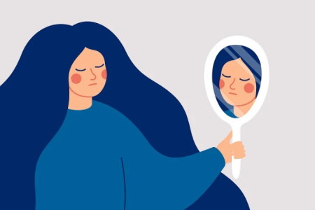 A woman with long blue hair gazes into a handheld mirror.